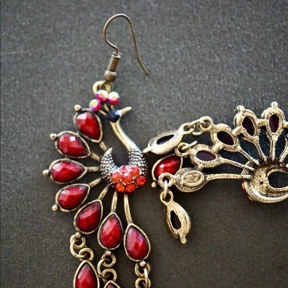 Red Rhinestone & Brass Peacock Earrings - Picture 5 of 7